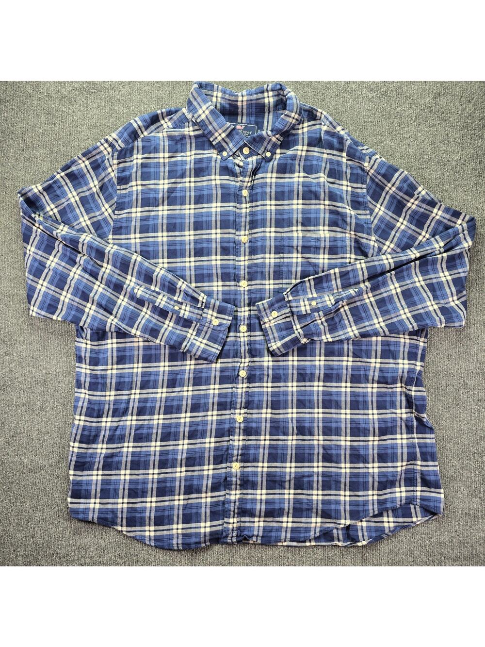 Vineyard Vines Longshore Shirt Mens 2XT Blue Plaid Cotton Linen Blend Stretch